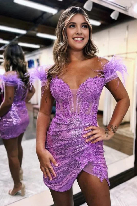 women's evening dressesSequin Off The Shoulder Lace Up-Corset Short Homecoming Dress With Feather women's evening dressesSequin Off The Shoulder Lace Up-Corset Short Homecoming Dress With Feather