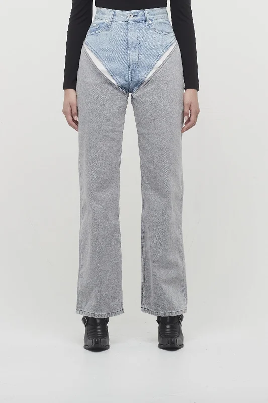 Men's Pants with Adjustable CuffsY/Project Cut Out Jeans in Ice Blue and Grey