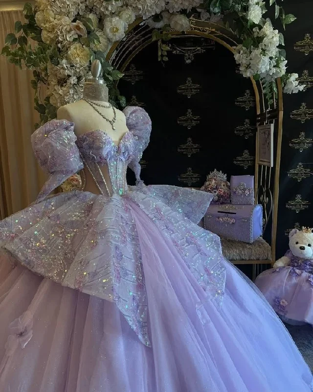 Off-The-Shoulder DressLavender Tulle Ball Gown Sweetheart Quinceanera Dress Evening Dress    cg25447