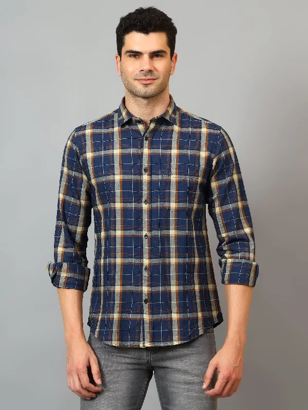 Layered Men's Henley ShirtsMen's Navy Blue Casual Big Checks Full Sleeve Shirt