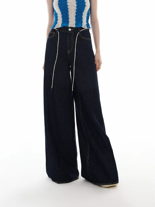 High-Waisted Bootcut Men's JeansDrawstring Detail Wide Jeans