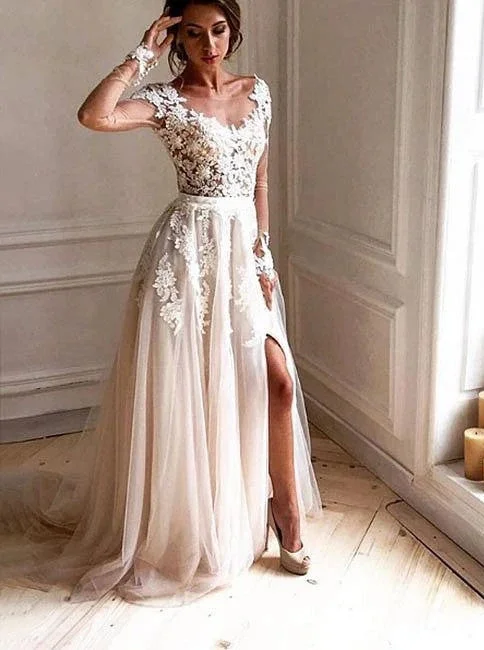 women's boho dressesVintage Long Sleeves Lace Tulle Beach Wedding Dresses With Split women's boho dressesVintage Long Sleeves Lace Tulle Beach Wedding Dresses With Split