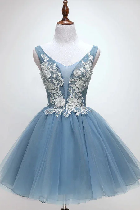women's empire-line dressesDusty Blue Princess Tulle Appliqued Homecoming Dress