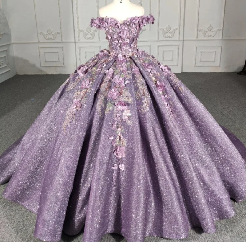 women's fashionable dressesPurple Floral A Line Sequined Party Ball Gown