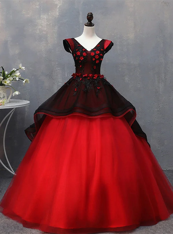 Custom DressBlack Dark Red Tulle V-neck Appliques Quinceanera Dress