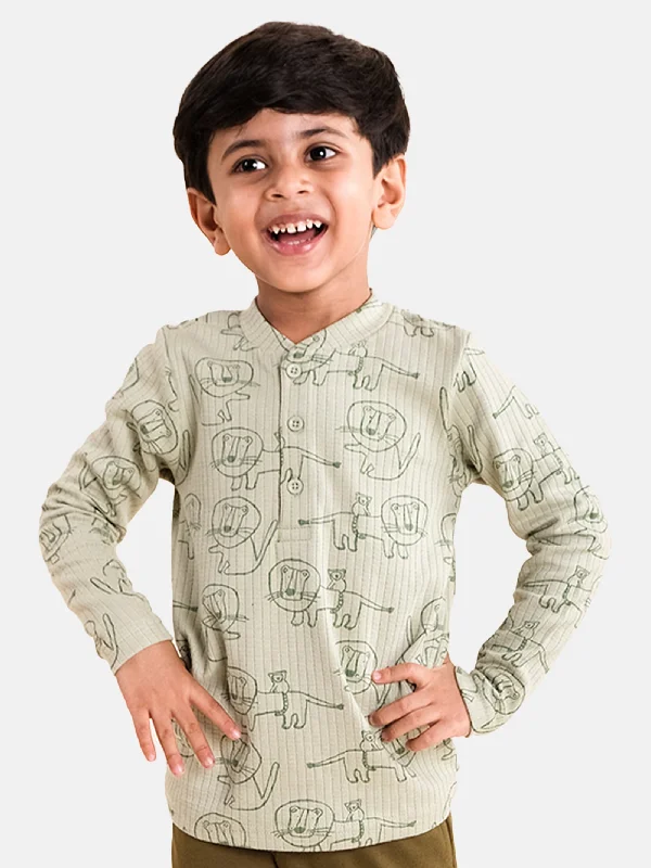 Men's Sweaters in Metallic ColorsBoys "Lion" Print AOP Full Sleeve Henley Neck Tee
