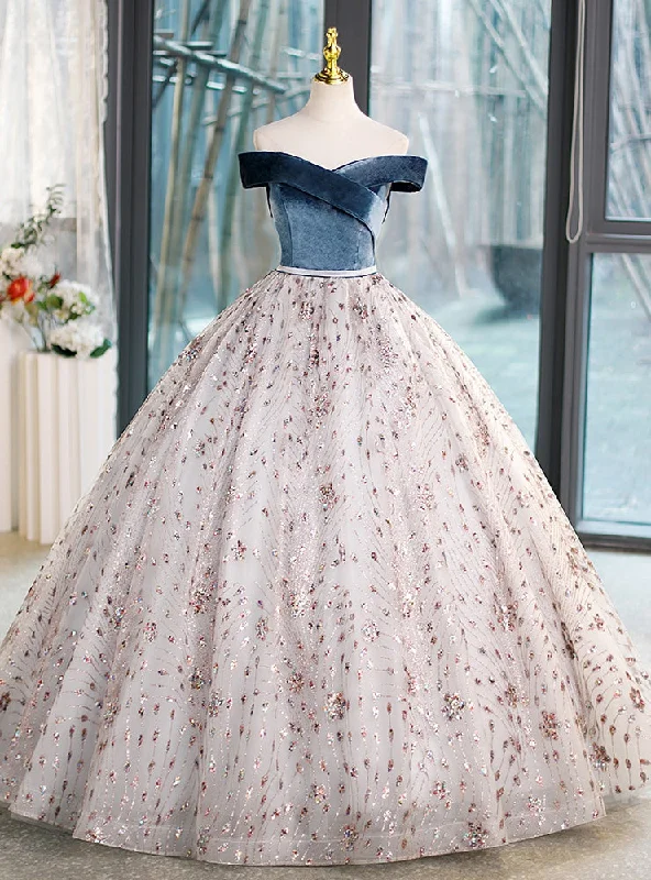 Metallic DressBall Gown Tulle Velvet Sequins Off the Shoulder Quinceanera Dress