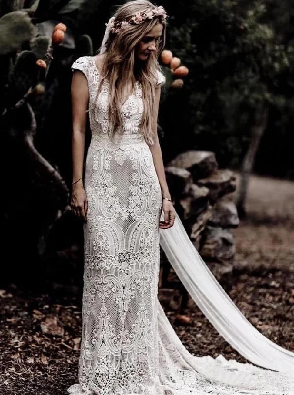 Floral DressSheath Ivory Lace Rustic Wedding Dresses, Cap Sleeve Beach Wedding Gowns OW558 Floral DressSheath Ivory Lace Rustic Wedding Dresses, Cap Sleeve Beach Wedding Gowns OW558