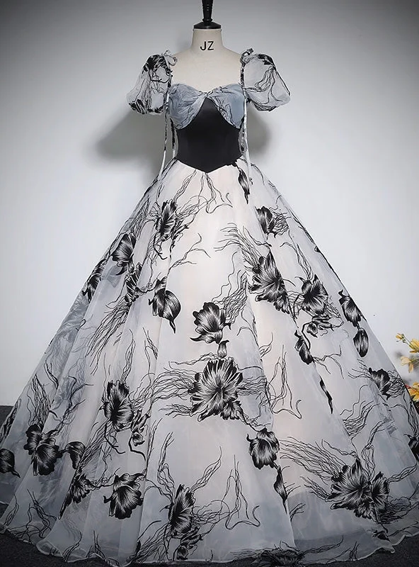 Flutter-Sleeve DressBalck Print Short Sleeve Bow Quinceanera Dress