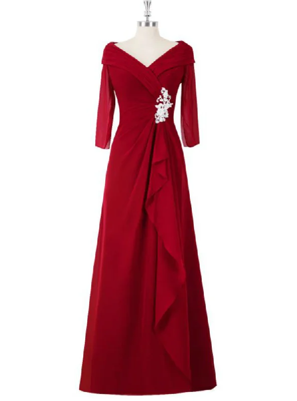 Formal DressA Line Red Full Sleeve V-Neck Long Mother of the Bride Dressess