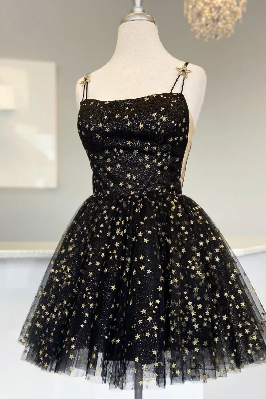 Custom DressStraps Champagne A-Line Tulle Homecoming Dress with Gold Stars