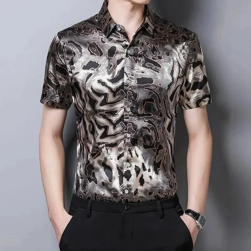 Men's Machine-Washable Shirts for ConvenienceWild Print Satin Silk Shirt For Men