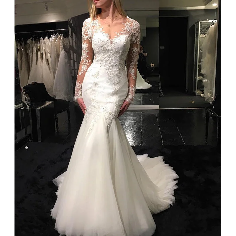 women's sustainable dressesSexy See Through Long Sleeves V Neck Mermaid Fishtail Wedding Dresses women's sustainable dressesSexy See Through Long Sleeves V Neck Mermaid Fishtail Wedding Dresses