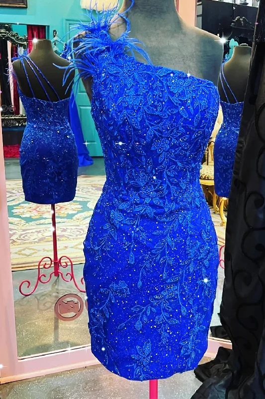 women's velvet dressesGlitter Royal Blue One Shoulder Lace Short Homecoming Dresses with Feather women's velvet dressesGlitter Royal Blue One Shoulder Lace Short Homecoming Dresses with Feather