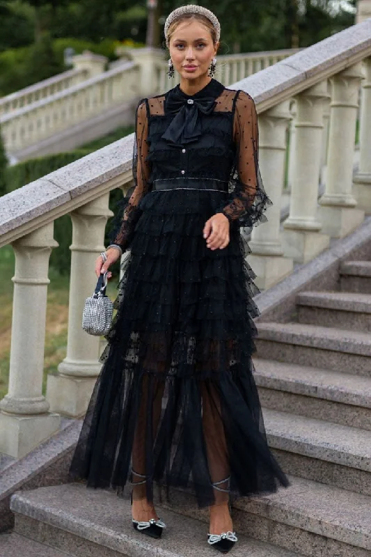 women's vintage dressesElegant Bow Tie Collared Glitter Dotted Tulle Tiered Ruffle Gown Dress - Black women's vintage dressesElegant Bow Tie Collared Glitter Dotted Tulle Tiered Ruffle Gown Dress - Black