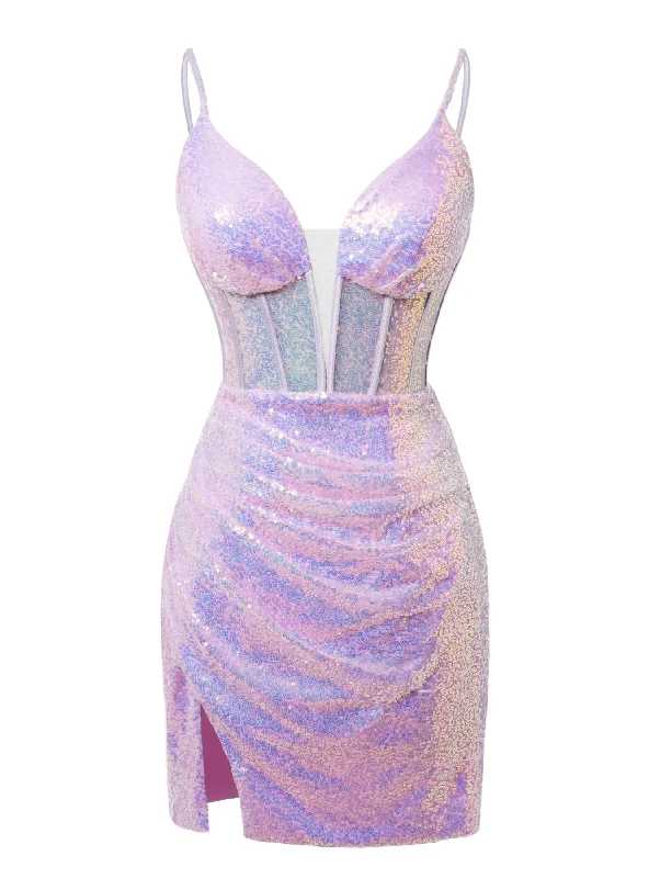 Satin DressPurple Sheath Sequins Spaghetti Straps Homecoming Dress