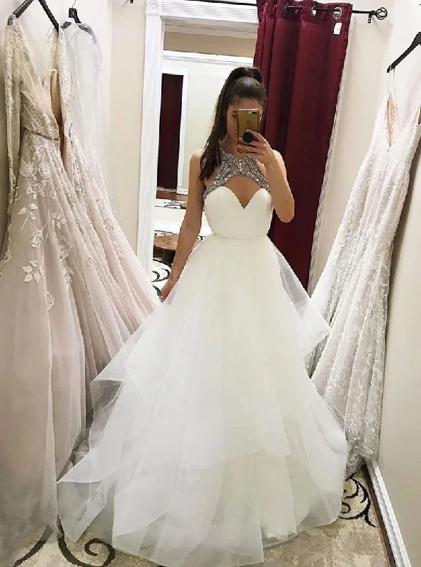 Bell-Sleeve DressGorgeous A-line White Tulle Beaded Long Prom Wedding Dresses OW643