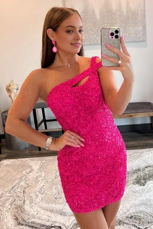 Empire DressHot Pink Open Back One Shoulder Tight Sequins Homecoming Dress