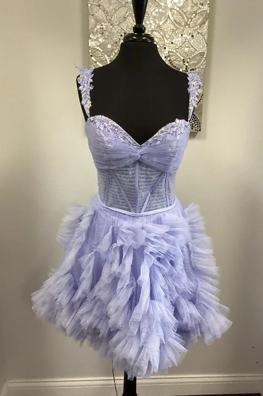 women's travel dressesStraps Lavender A-line Ruffle Short Homecoming Dress