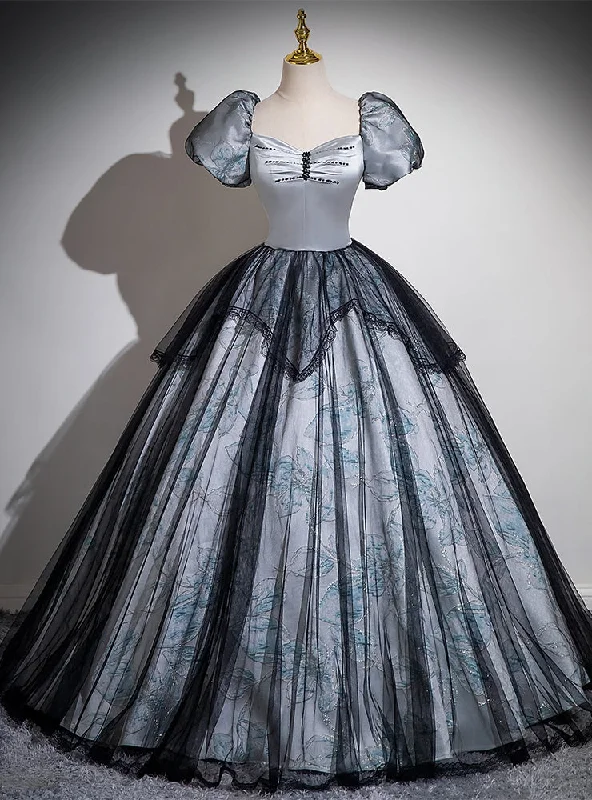 Bohemian DressBlack Gray Tulle Puff Sleeve Beading Quinceanera Dress