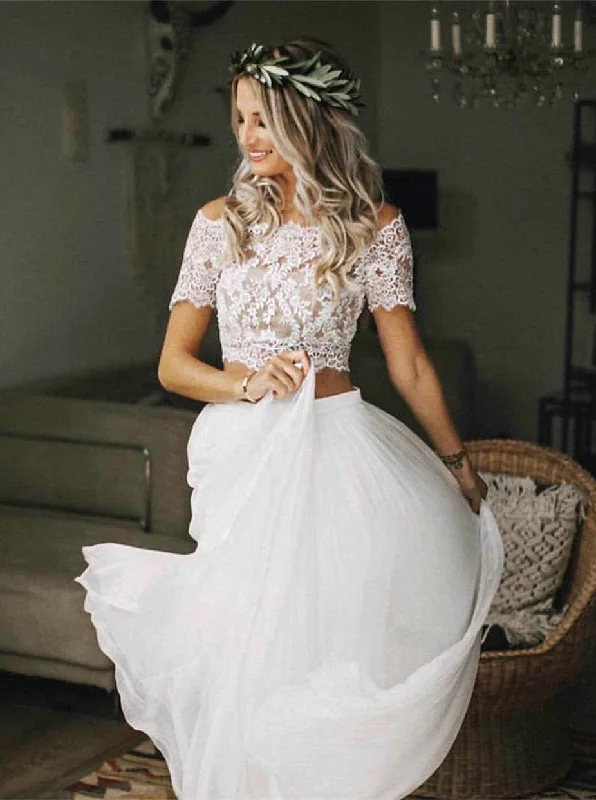 Bridesmaid DressTwo Pieces Boho Wedding Dress With Short Sleeves, Chiffon Beach Wedding Dresses OW657 Bridesmaid DressTwo Pieces Boho Wedding Dress With Short Sleeves, Chiffon Beach Wedding Dresses OW657