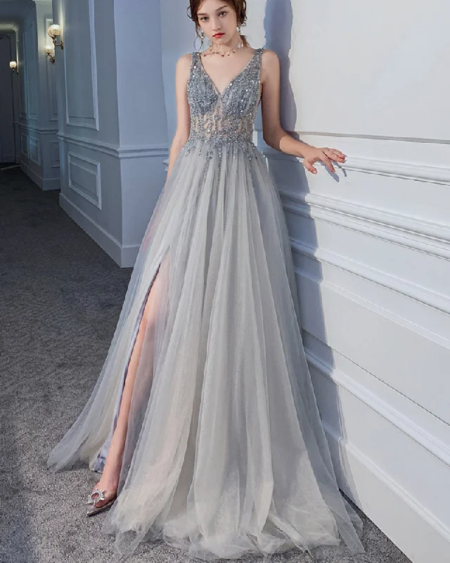 Satin DressSexy V Neck Gray/Champagne Beading Long Tulle Prom Dress Wedding Party Evening Gown Vestido PD0612 Satin DressSexy V Neck Gray/Champagne Beading Long Tulle Prom Dress Wedding Party Evening Gown Vestido PD0612