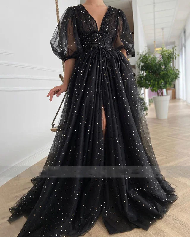 Pastel DressBlack Starry Tulle Prom Dresses Sparkly V-Neck Half Puff Sleeves Ruched Wedding Party Dresses Slits Long A-Line Prom Gowns Pastel DressBlack Starry Tulle Prom Dresses Sparkly V-Neck Half Puff Sleeves Ruched Wedding Party Dresses Slits Long A-Line Prom Gowns