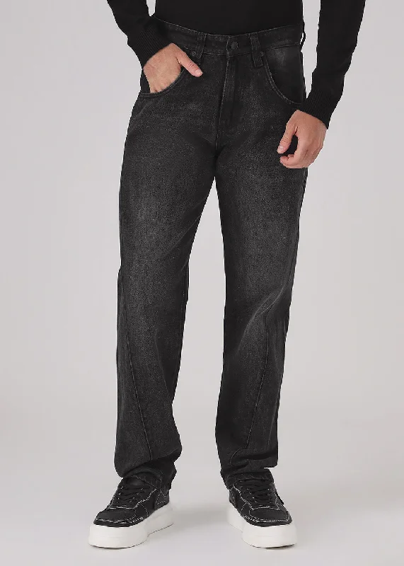 Men's Jeans with Fashionable RipsFaded Black Straight Fit Denim