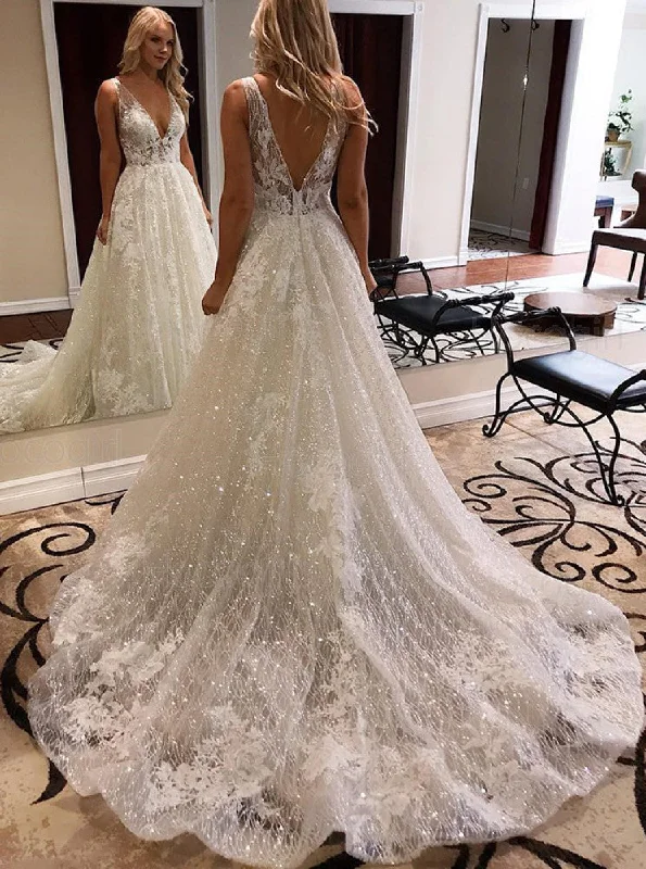 Bow-Tie DressA-line Deep V-neck Sparkle Wedding Dress With Appliques OW609