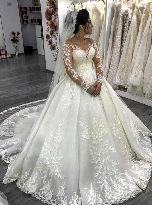 Off-The-Shoulder DressLuxury Ball Gown Long Sleeves Lace Wedding Dresses With Beaded Appliques Off-The-Shoulder DressLuxury Ball Gown Long Sleeves Lace Wedding Dresses With Beaded Appliques