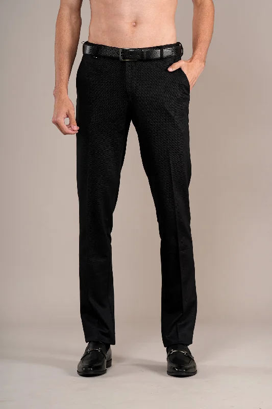 Men's Tailored Pants for a Sharp AppearanceMen's Black Self Design Non-Pleated Formal Trouser
