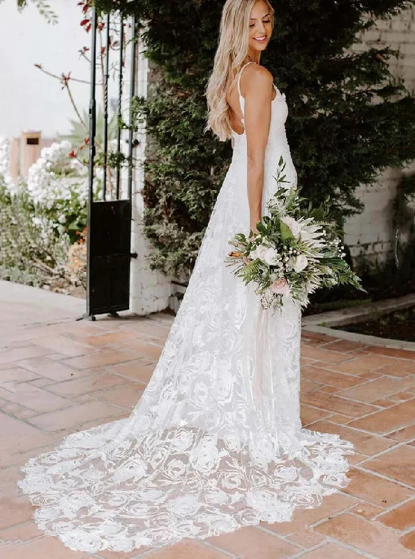 Denim DressBeach Spaghetti Sheath Wedding Dresses Rose Lace Boho Bridal Gown OW561