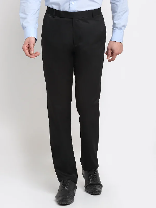 Men's Pants with Patchwork PatternsMen's Regular fit Flat front Black  Trousers