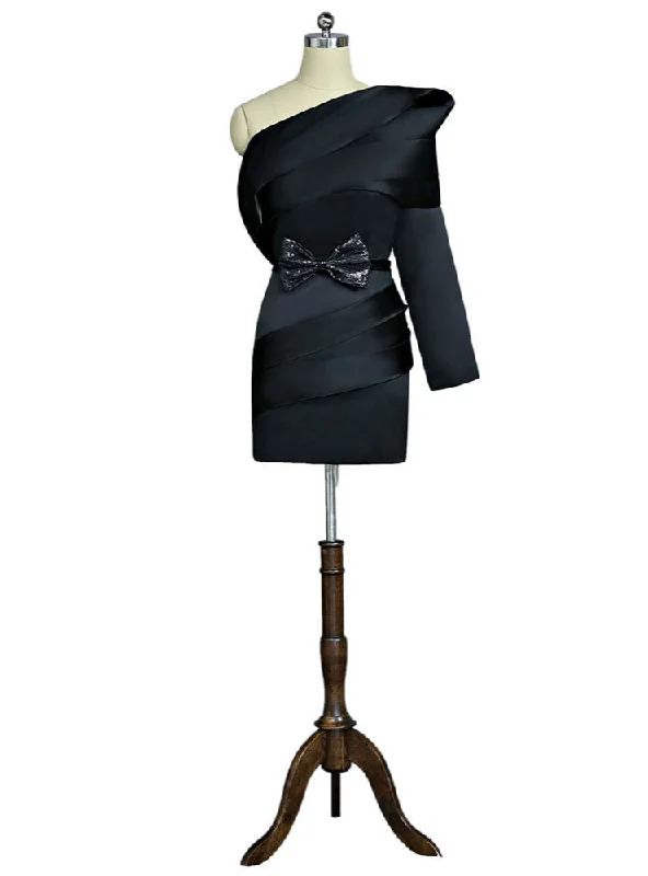 Retro DressBlack Formal Celebrity Dresses Sheath One-shoulder Long Sleeves