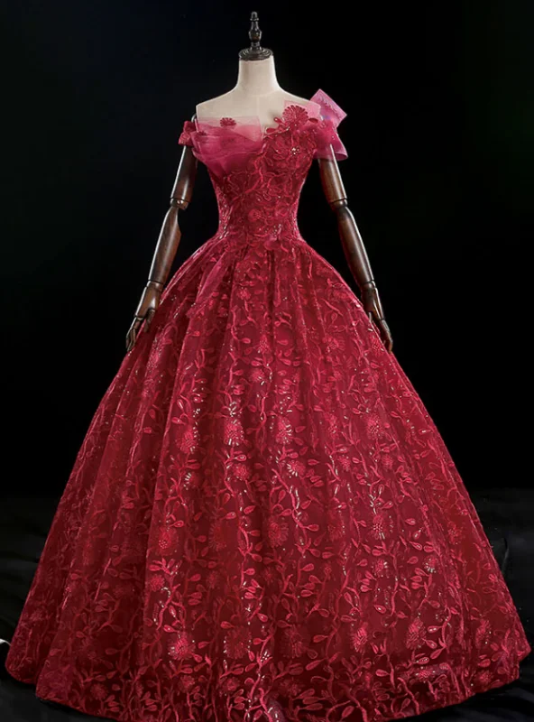 Tea-Length DressAt Great Prices Burgundy Ball Gown Lace Sequins Off the Shoulder Quinceanera Dress Tea-Length DressAt Great Prices Burgundy Ball Gown Lace Sequins Off the Shoulder Quinceanera Dress