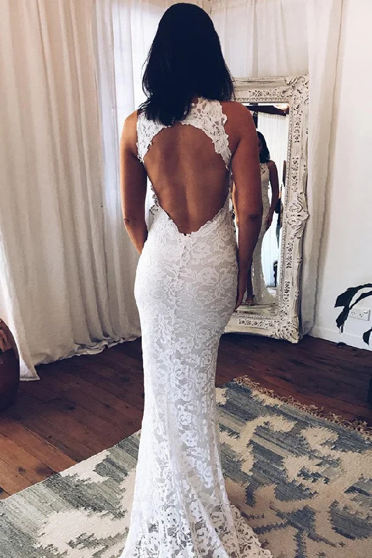 Sweetheart Neckline DressStunning Mermaid Crew Neck Open Back Lace Wedding Dresses with Split