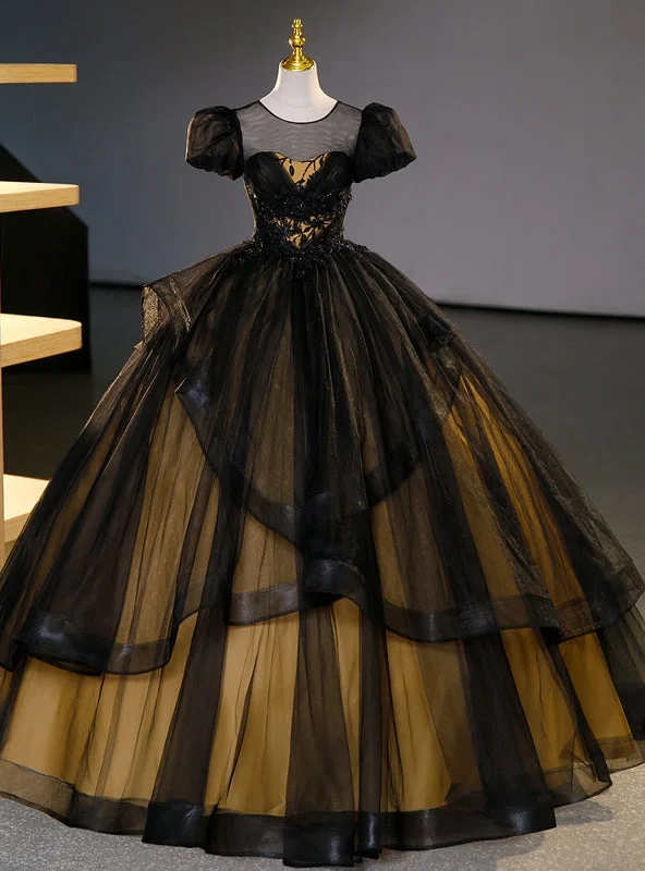 women's floral dressesBlack Tulle Puff Sleeve Appliques Beading Quinceanera Dress