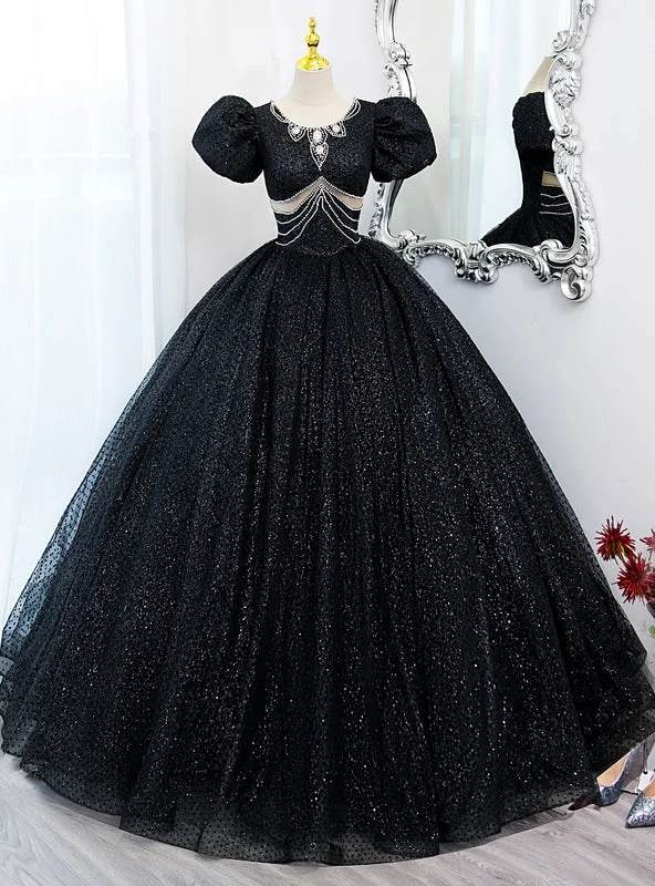 women's sheath dressesBlack Sequins Puff Sleeve Beading Quinceanera Dress