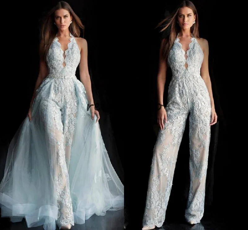 women's stylish dressesFull Lace Applique Bridal Jumpsuit With Detachable Train 2024 Halter Backless Summer Holiday Wedding Jumpsuit Dress white dress