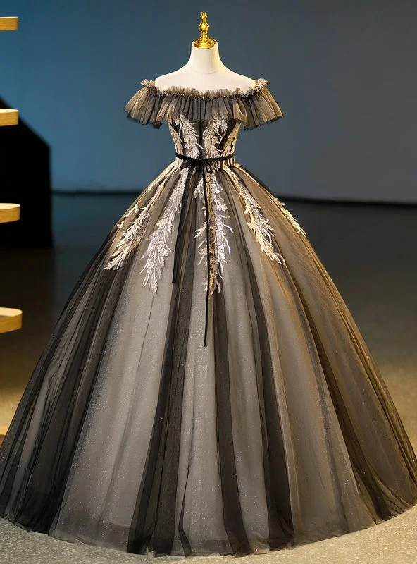 women's metallic dressesBlack Tulle Sequins Appliques Quinceanera Dress