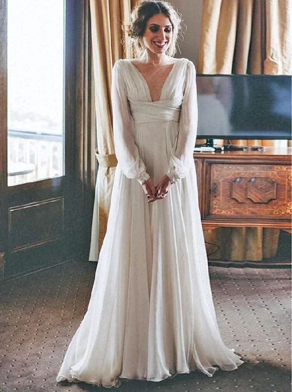 Ruffle DressElegant V-Neck Chiffon Beach Wedding Dress With Long Sleeves OW605