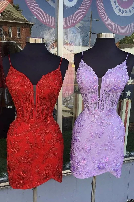 women's club dressesRed Spaghetti Straps Applique Tight Homecoming Dress