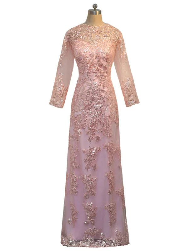 Elegant DressA-line Pink Lace Long Sleeves Appliques Mother Of The Bride Dresses