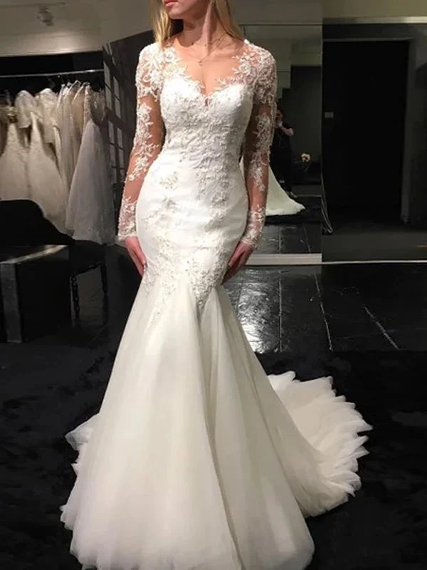 women's metallic dressesMermaid V-neck Long Sleeve Appliques Wedding Dress With Sheer Back OW588 women's metallic dressesMermaid V-neck Long Sleeve Appliques Wedding Dress With Sheer Back OW588