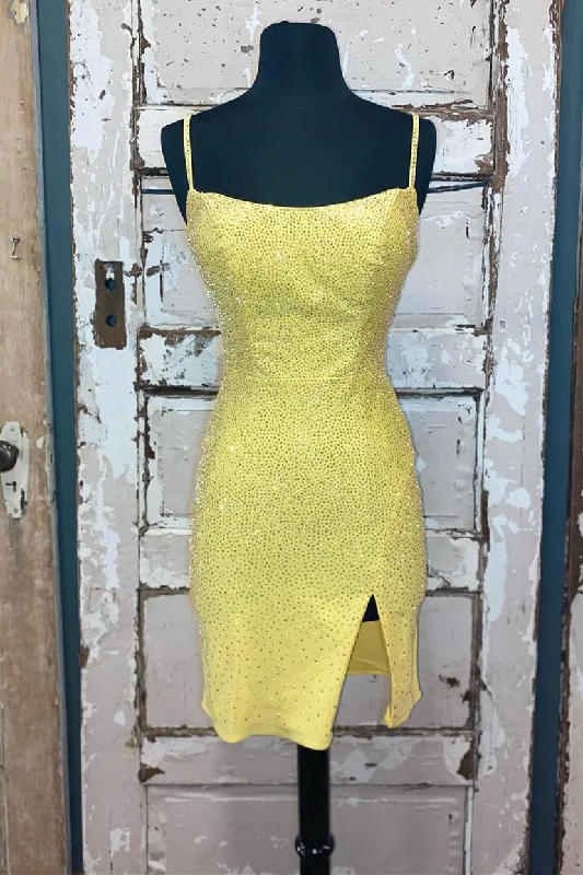 Tall Women DressShort Tight Yellow Homecoming Dress with Lace Up