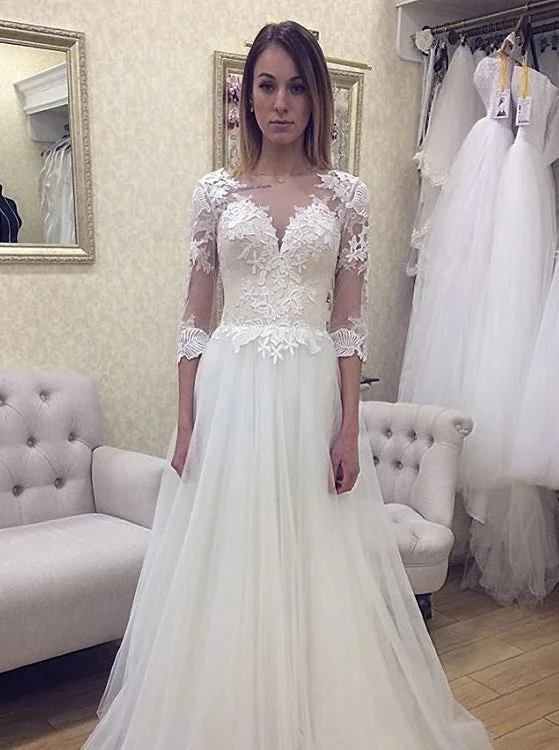 women's stretchy dressesV Neck Lace Appliques 3/4 Sleeve Open Back Wedding Dresses OW679