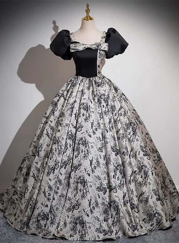 women's bridesmaid dressesBlack Satin Print Short Sleeve Quinceanera Dress