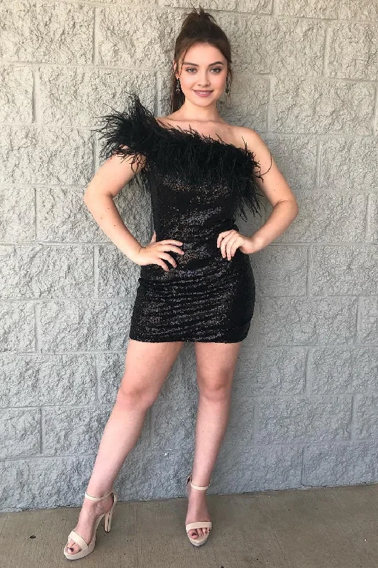 Lace DressBlack One Shoulder Sequins Short Homecoming Dress with Feathers