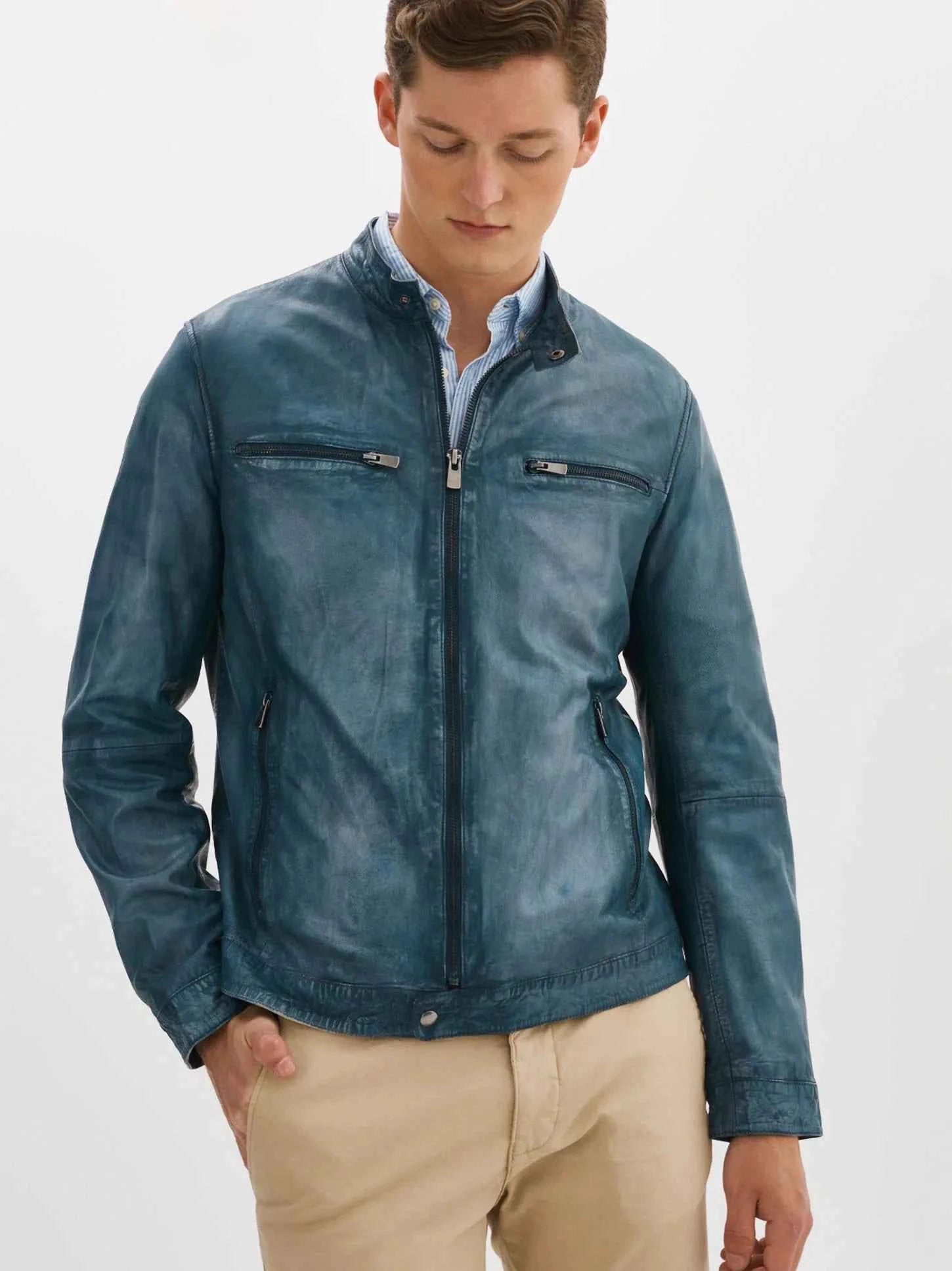 Essential Men's Puffer JacketsLUKE ICE BLUE LEATHER MOTORCYCLE JACKET