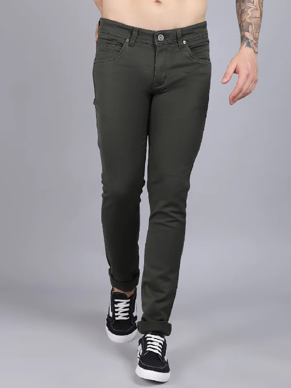 Men's Pants with Button-CuffsMen's Casual Flat front Olive Green  Trousers
